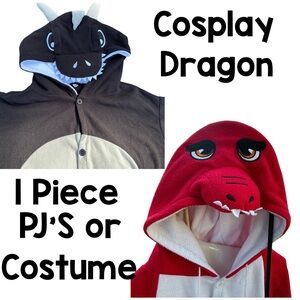 Cosplay Dragon 1 Piece PJ Halloween Animal Suit horns Scales Party RED OR BLACK